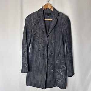 Poleci Long‎ Blazer Jacket Size 6 Denim Embroidered Made in USA